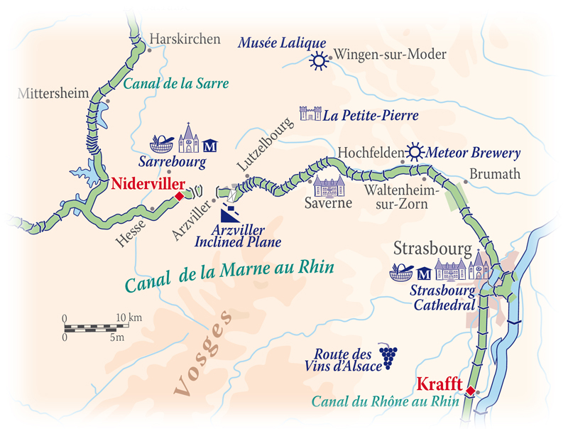 Mapa del Itinerario ALSACIA - LORENA a bordo de la Barcaza PANACHE CRUCEROS FLUVIALES DE LUJO CRUCEROS EN BARCAZA PANACHE BARGE CRUISE BARGE HOTEL CRUCEROS ALSACIA LORENA CRUISES ALSACE LORRAINE BARGE CRUISES